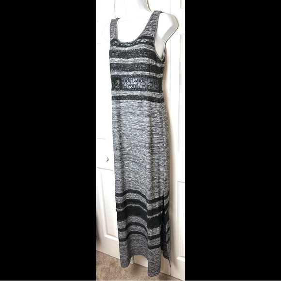 FREE PEOPLE Hazy Days Maxi Dress Black Gray Space Dye Marled Knit Lace Inset - Picture 3 of 12